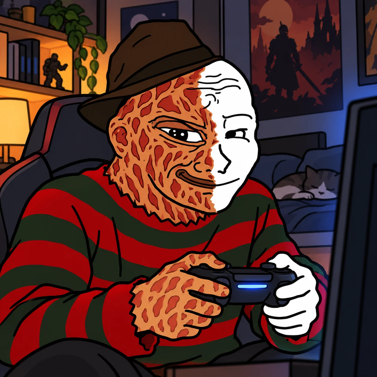 KRUEJAK wearing a striped sweater and a fedora